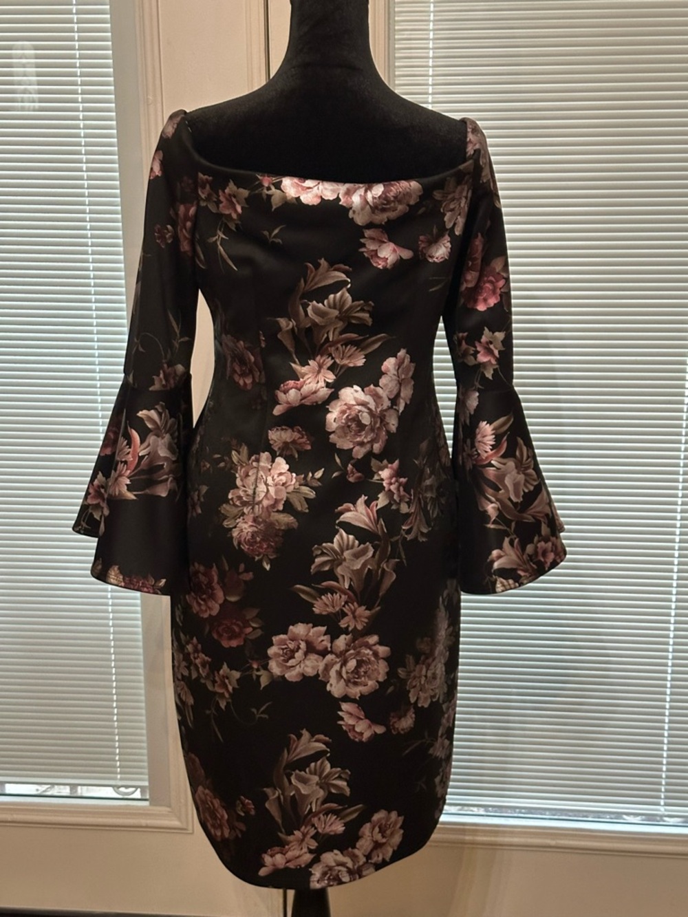 Off-Shoulder Black Floral Sheath Dress with Bell Sleeves